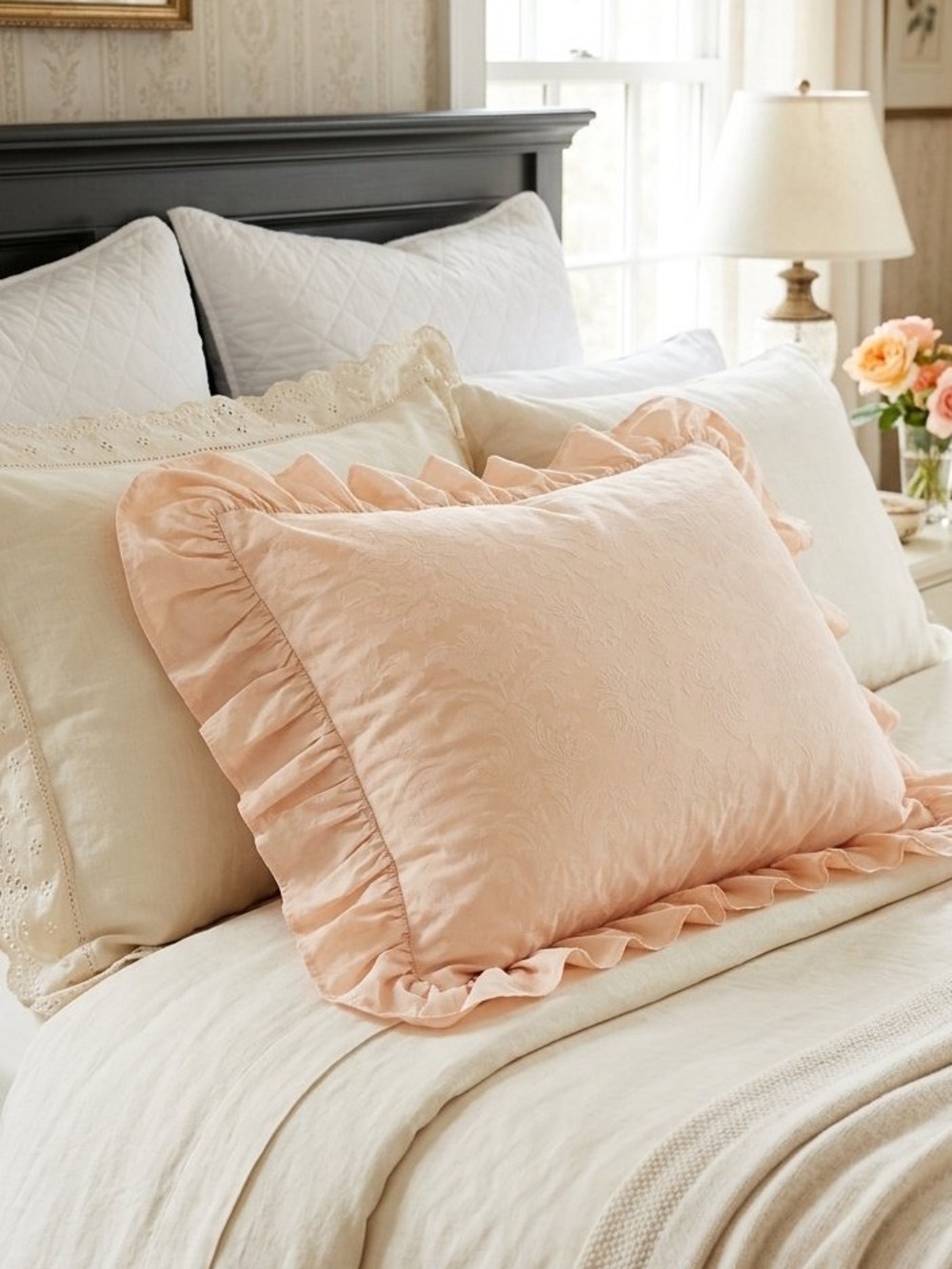 Ralph Lauren Cottagecore Peach Pink Paisley Ruffle Pillow Sham Standard 26”x20”